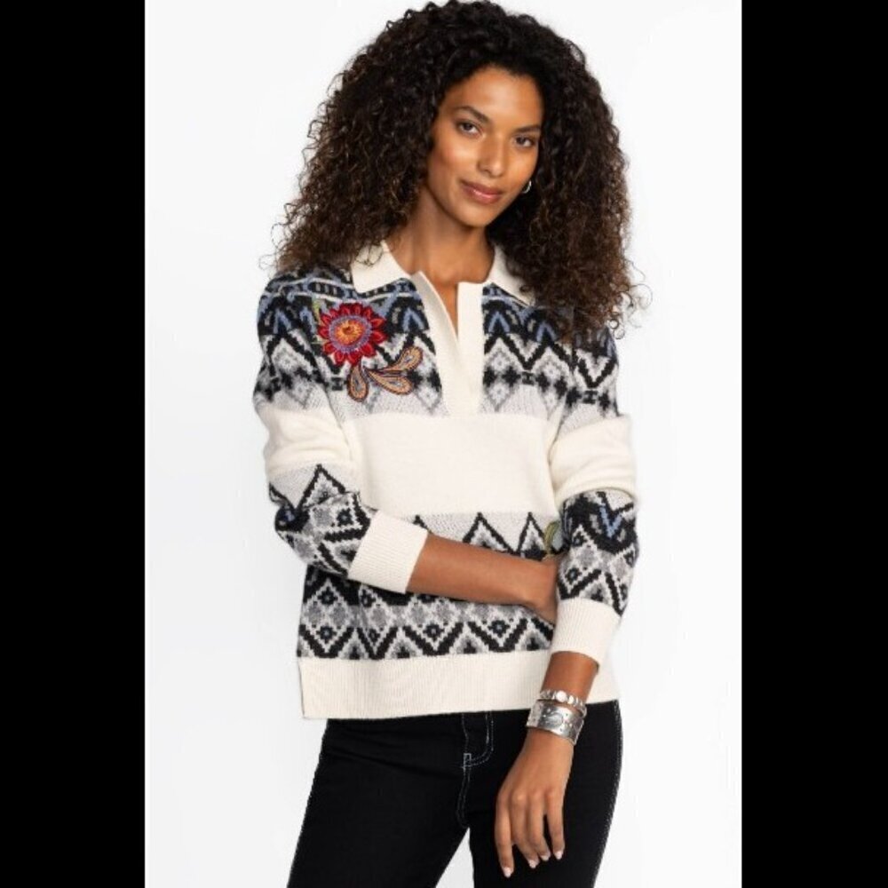 NWT Johnny Was The Fairisle Polo Sweater Wool/Cashmere Ecru Large